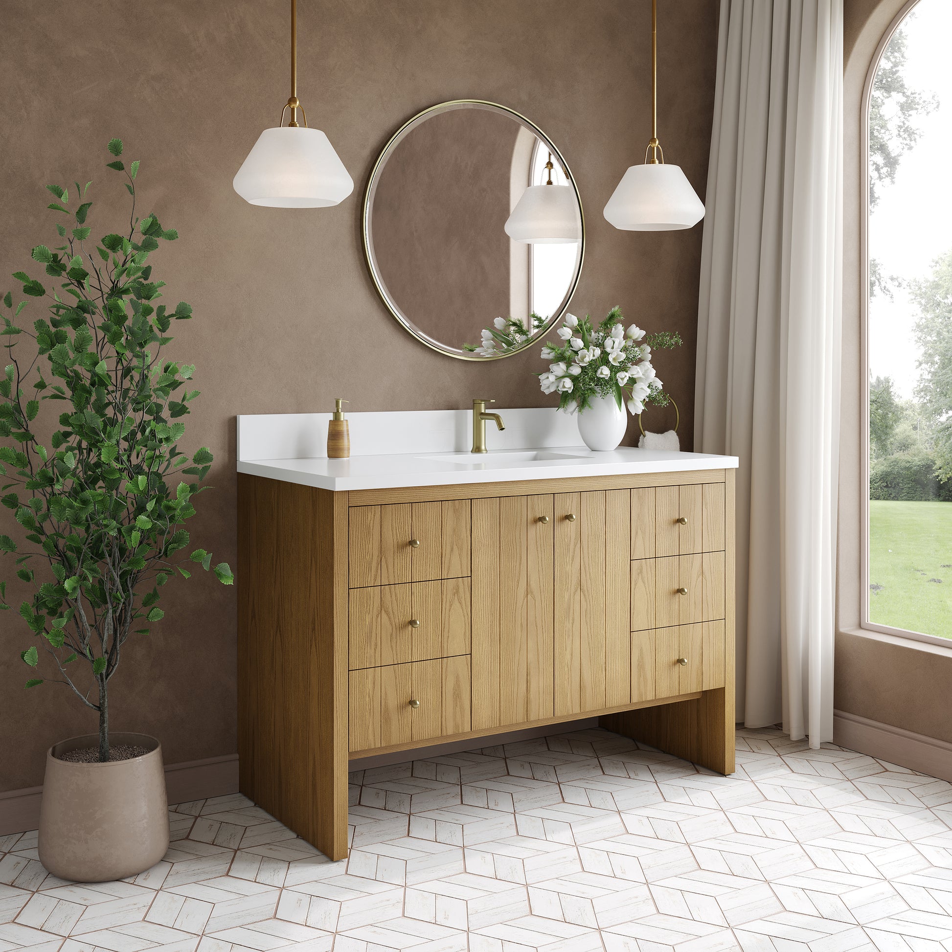 Renovate for Less Atlanta Hudson 48" Single Vanity, Light Natural Oak w/ Single Hole 3 CM White Zeus Top & Backsplash