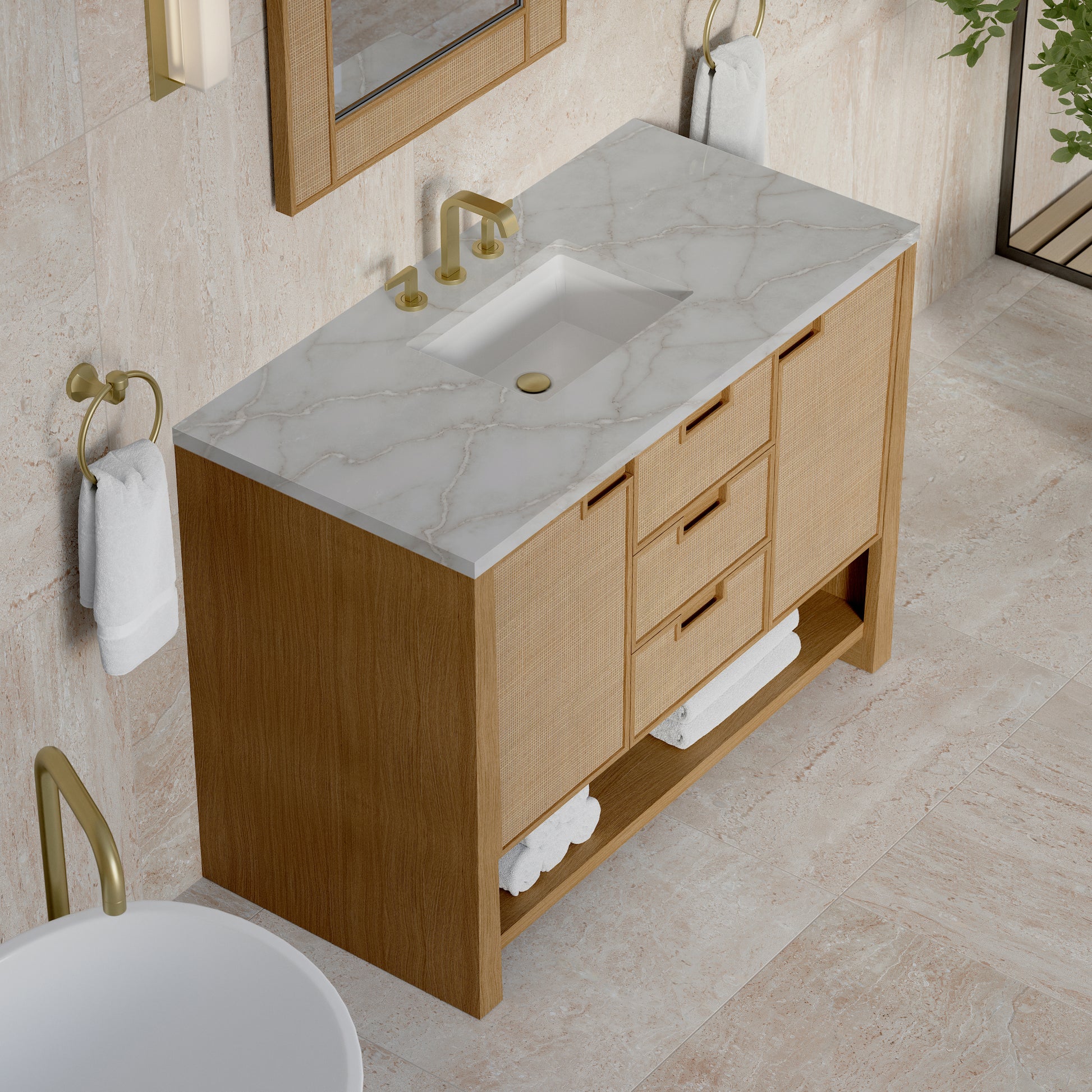 Renovate for Less Atlanta Solene 48" Single Vanity, Seaside Oak, w/ 3 CM Victorian Silver Quartz Top