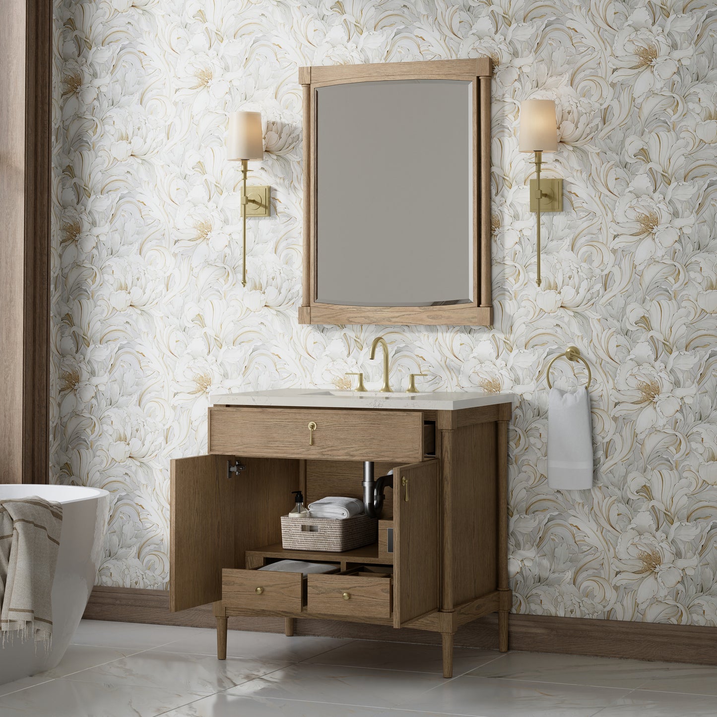 Renovate for Less Atlanta Kinnsden 36" Single Vanity, Weathered Oak w/ 3 CM Siberian Silestone Top