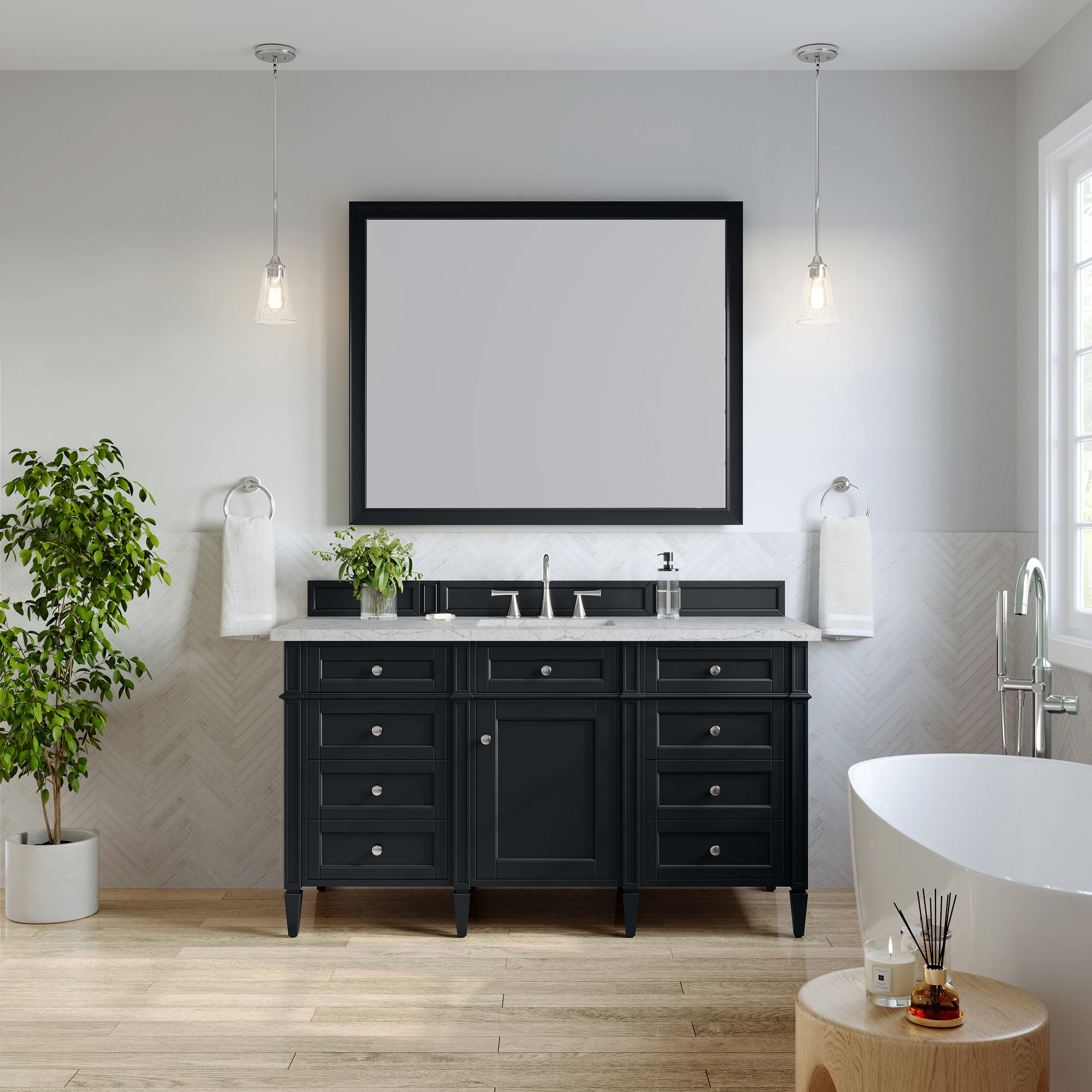 Renovate for Less Atlanta Brittany 60" Single Vanity, Black Onyx, w/ 3 CM Eternal Jasmine Pearl Silestone Top