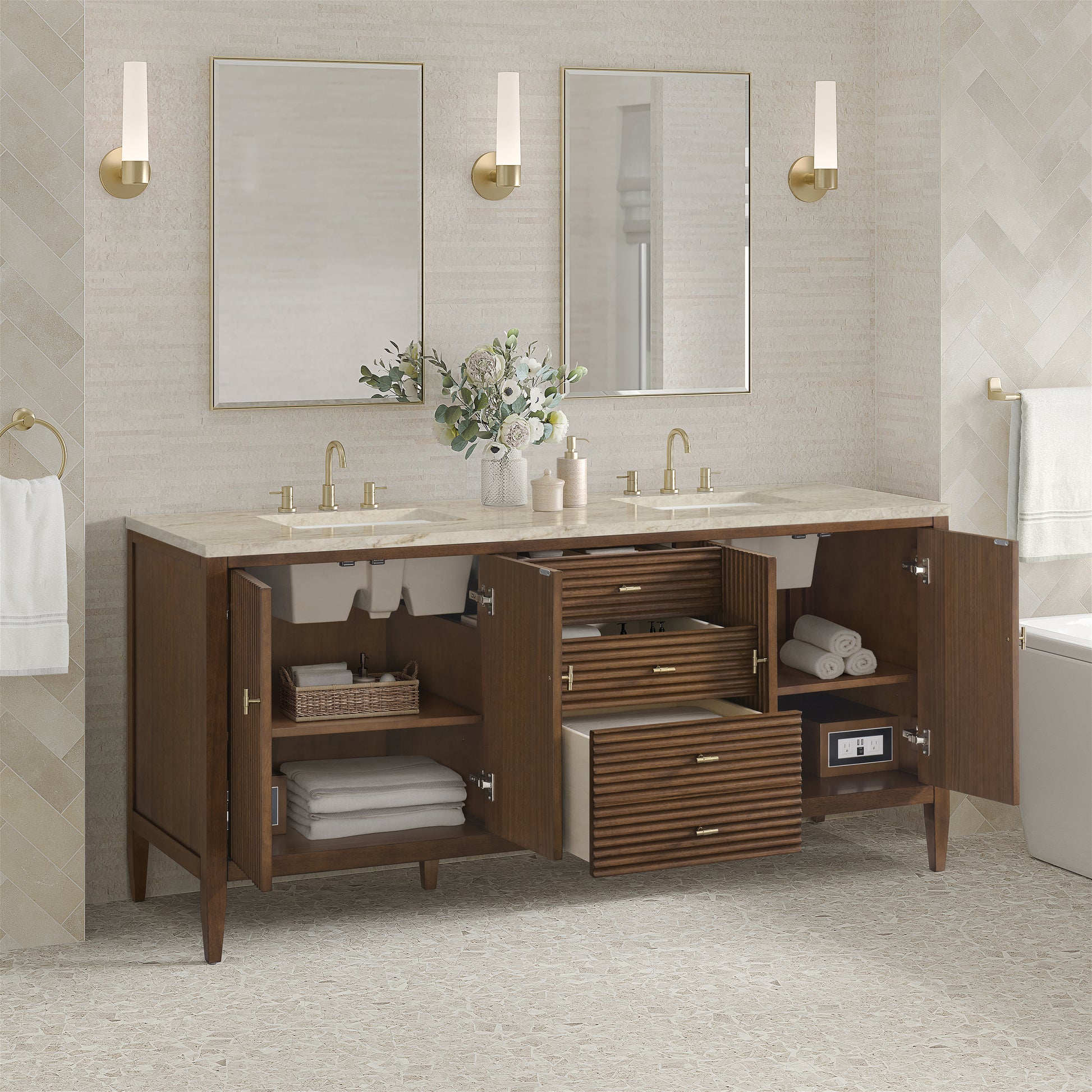 Renovate for Less Atlanta Myrrin 72" Vanity, Mid Century Walnut, w/ 3 CM Tajnar Eclos Top
