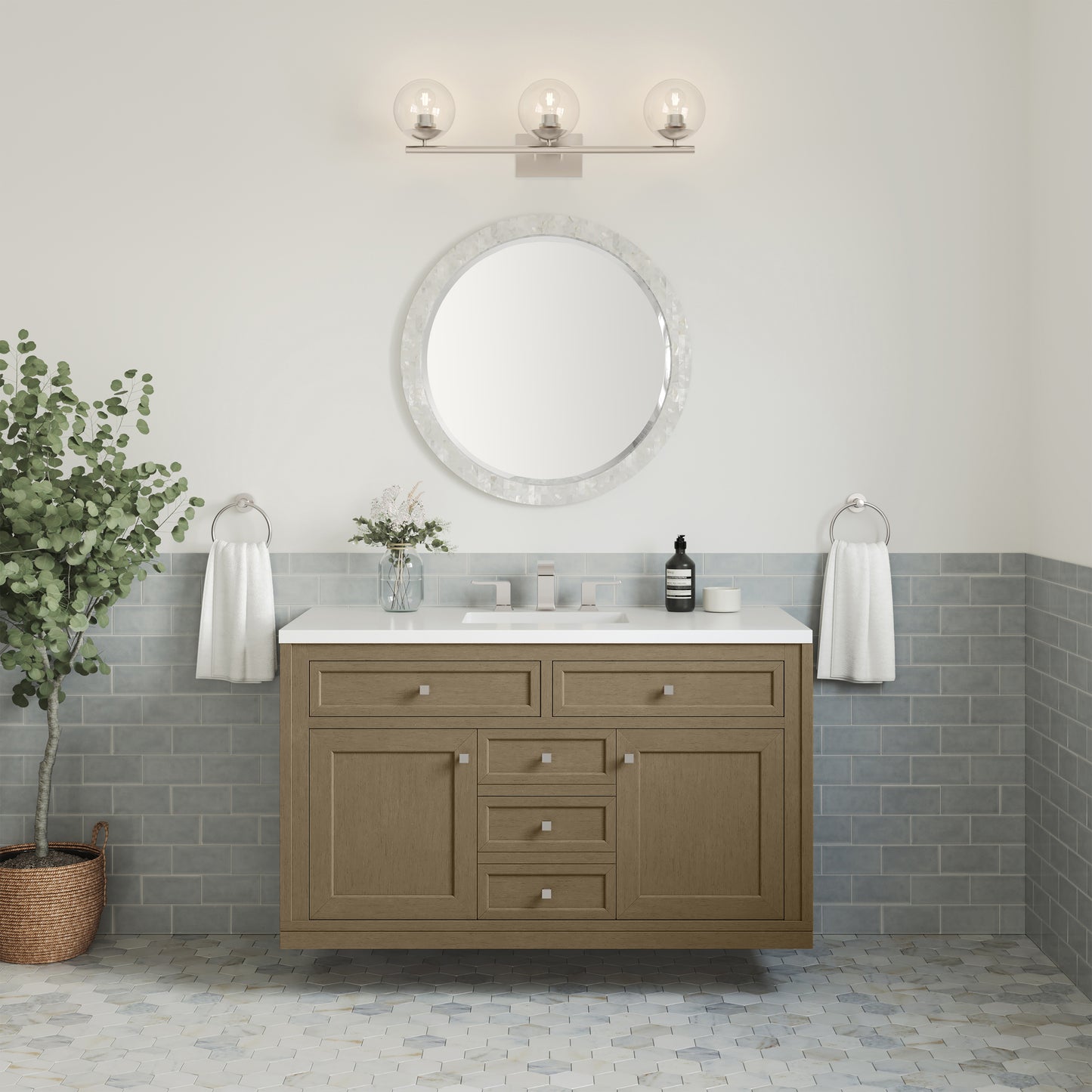 Renovate for Less Atlanta Chicago 48" Single Vanity, Walnut Whisper, w/ 3 CM White Zeus Silestone® Top
