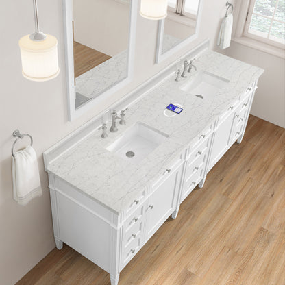 Renovate for Less Atlanta Brittany 84" Double Vanity, Bright White w/ 3 CM Eternal Jasmine Pearl Top w/FreePower Wireless Charger
