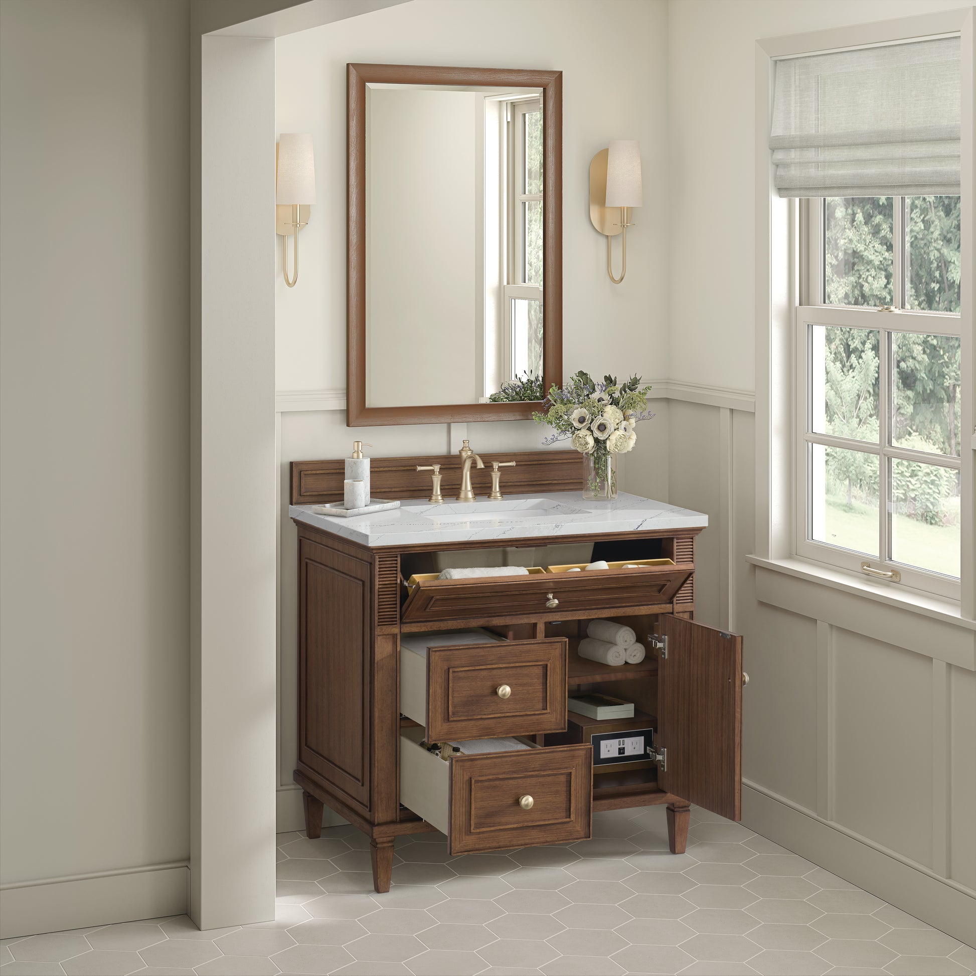 Renovate for Less Atlanta Lorelai 36" Single Vanity, Mid-Century Walnut w/ 3 CM Ethereal Noctis Silestone Top