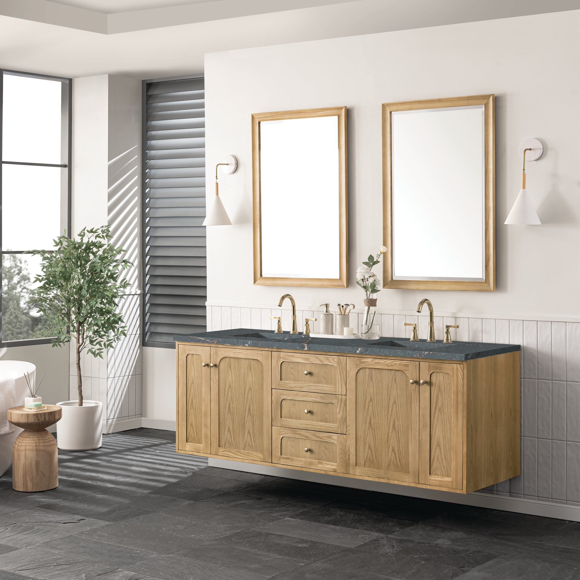 Renovate for Less Atlanta Laurent 72" Double Vanity, Light Natural Oak w/ 3 CM Parisien Bleu Top w/FreePower Wireless Charger