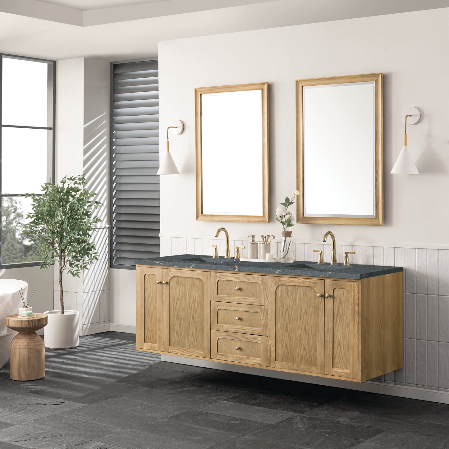Renovate for Less Atlanta Laurent 72" Double Vanity, Light Natural Oak w/ 3 CM Parisien Bleu Top
