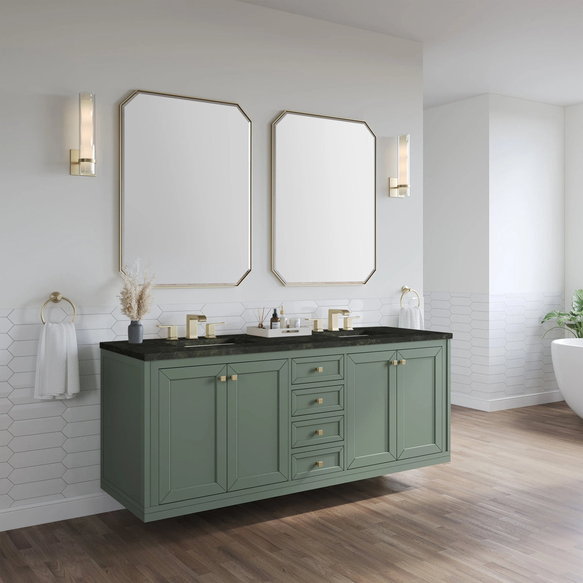 Chicago 72" Double Vanity, Smokey Celadon, w/ 3 CM Phantome Eclos Top