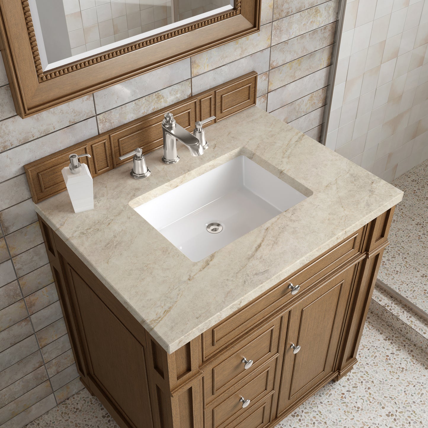 Renovate for Less Atlanta Bristol 30" Single Vanity, Saddle Brown, w/ 3 CM Tajnar Eclos Top