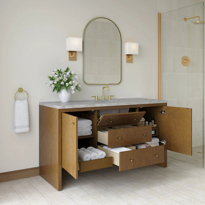 Hudson 60" Single Vanity, Honey Oak w/ 3 CM Victorian Silver Silestone Top w/FreePower Wireless Charger