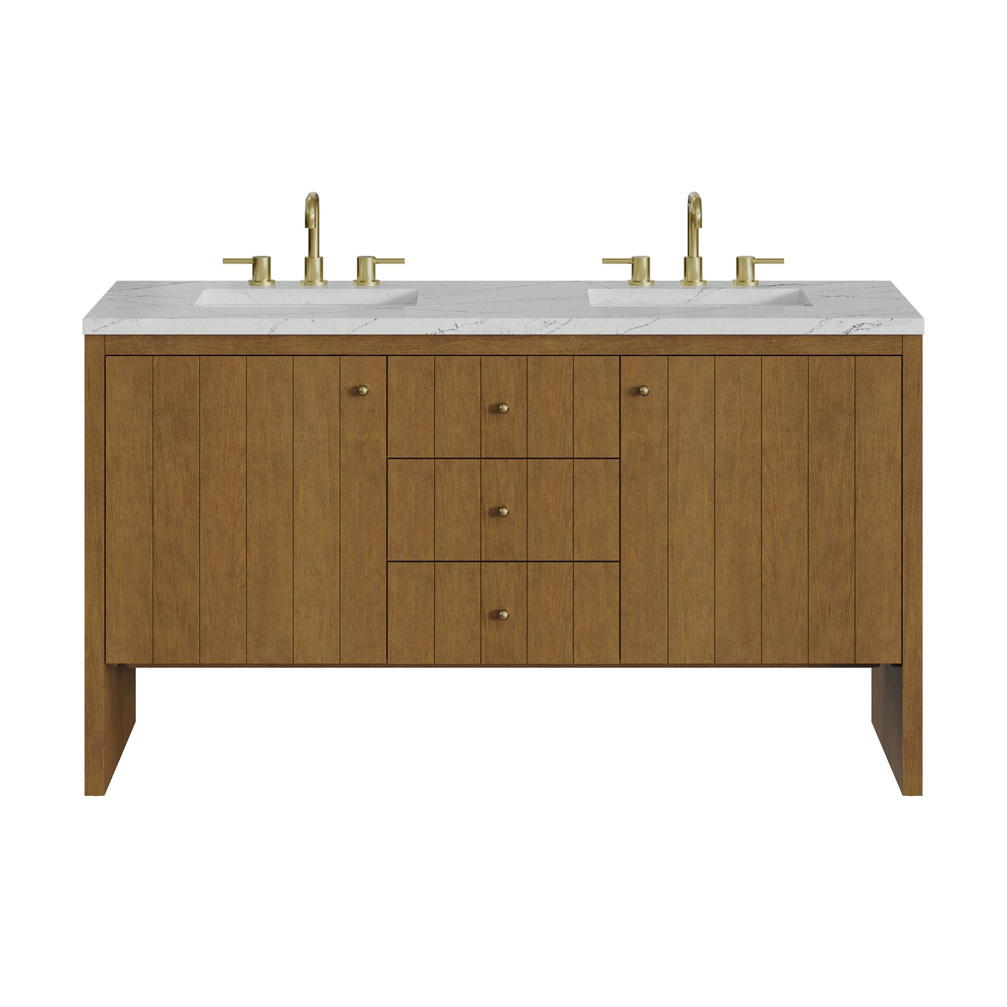 Renovate for Less Atlanta Hudson 60" Double Vanity, Honey Oak w/ 3 CM Ethereal Noctis Silestone Top w/FreePower Wireless Charger