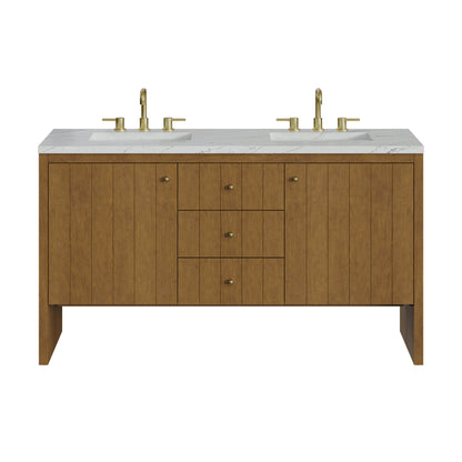Renovate for Less Atlanta Hudson 60" Double Vanity, Honey Oak w/ 3 CM Ethereal Noctis Silestone Top w/FreePower Wireless Charger