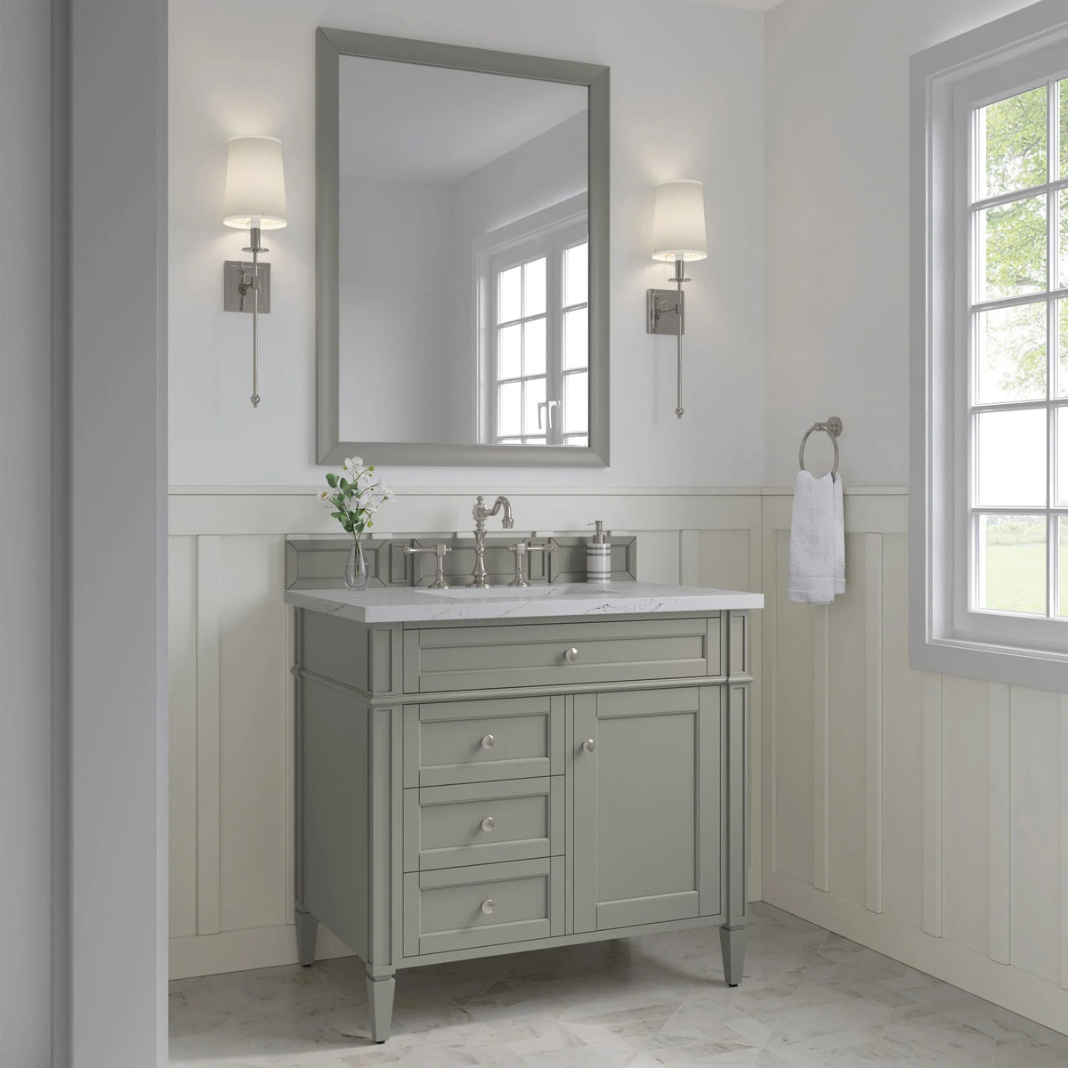 Brittany 36" Single Vanity, Urban Gray w/ 3 CM Ethereal Noctis Silestone Top