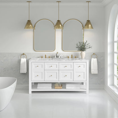 Breckenridge 60" Double Vanity, Bright White, w/ 3 CM Carrara Marble Top