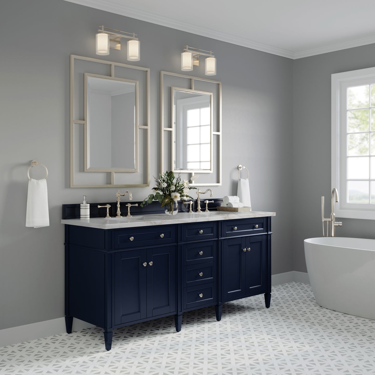 Renovate for Less Atlanta Brittany 72" Double Vanity, Victory Blue w/ 3 CM Victorian Silver Silestone Top w/FreePower Wireless Charger
