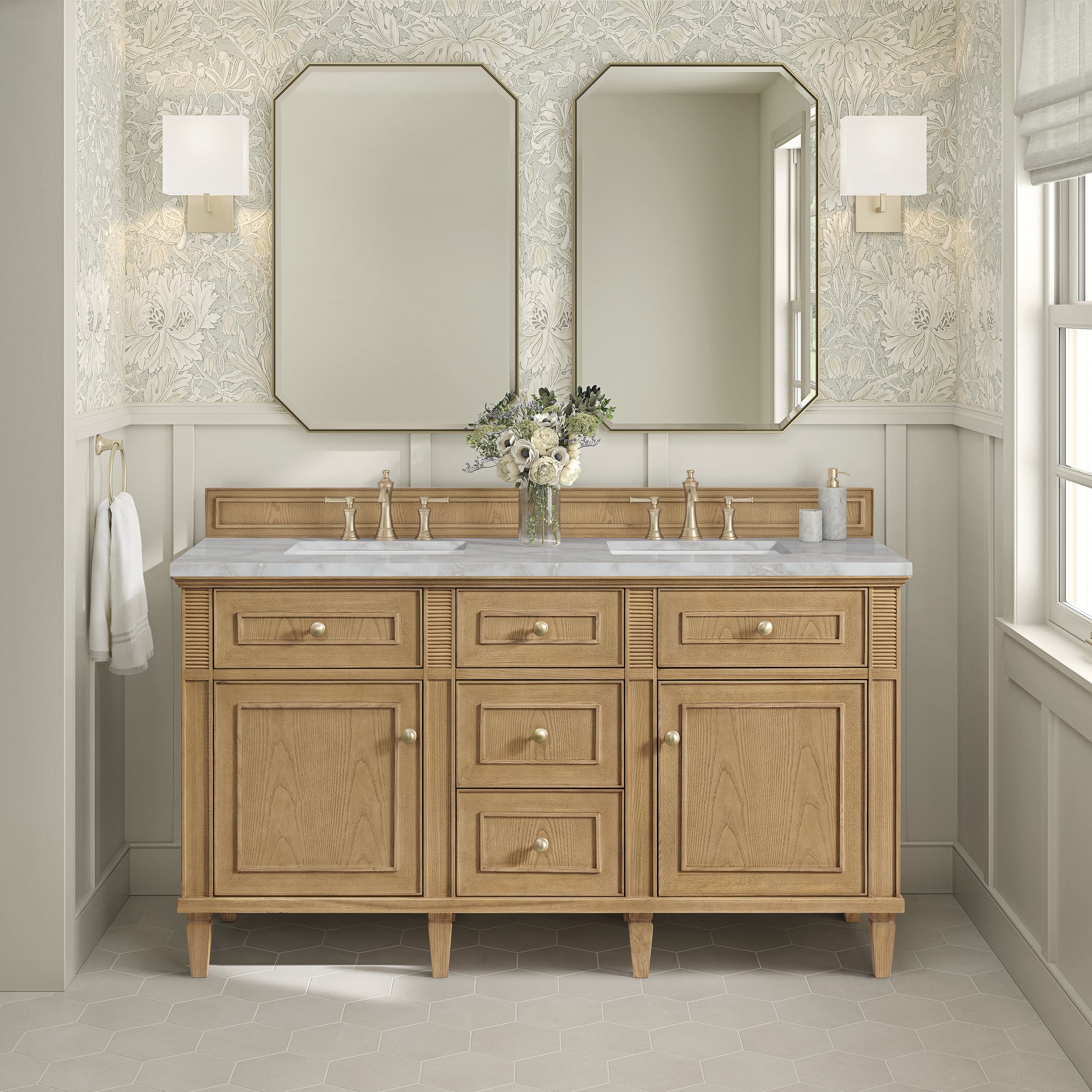 Renovate for Less Atlanta Lorelai 60" Double Vanity, Light Natural Oak w/ 3 CM Victorian Silver Silestone Top w/FreePower Wireless Charger