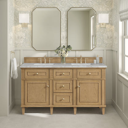 Renovate for Less Atlanta Lorelai 60" Double Vanity, Light Natural Oak w/ 3 CM Victorian Silver Silestone Top w/FreePower Wireless Charger