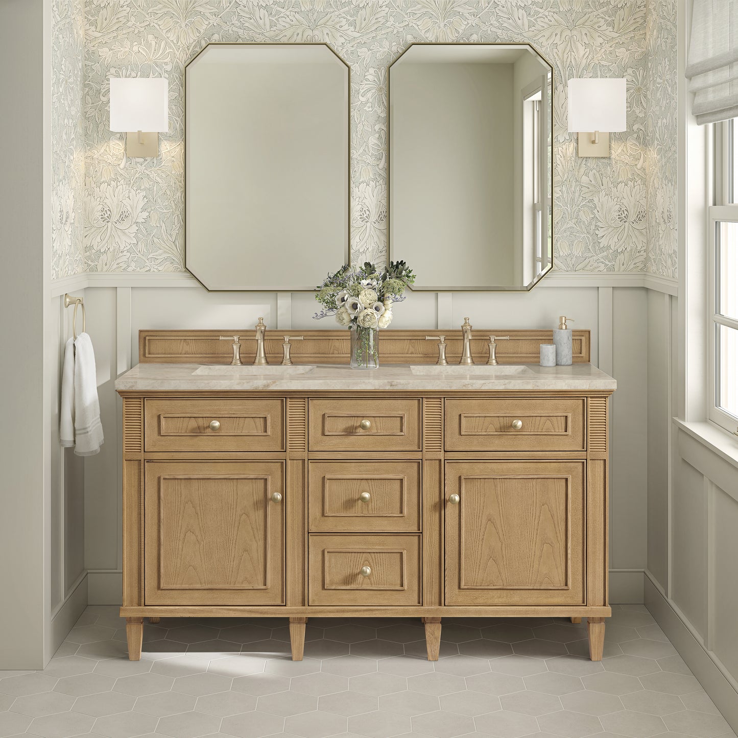 Renovate for Less Atlanta Lorelai 60" Double Vanity, Light Natural Oak, w/ 3 CM Tajnar Eclos Top w/FreePower Wireless Charger