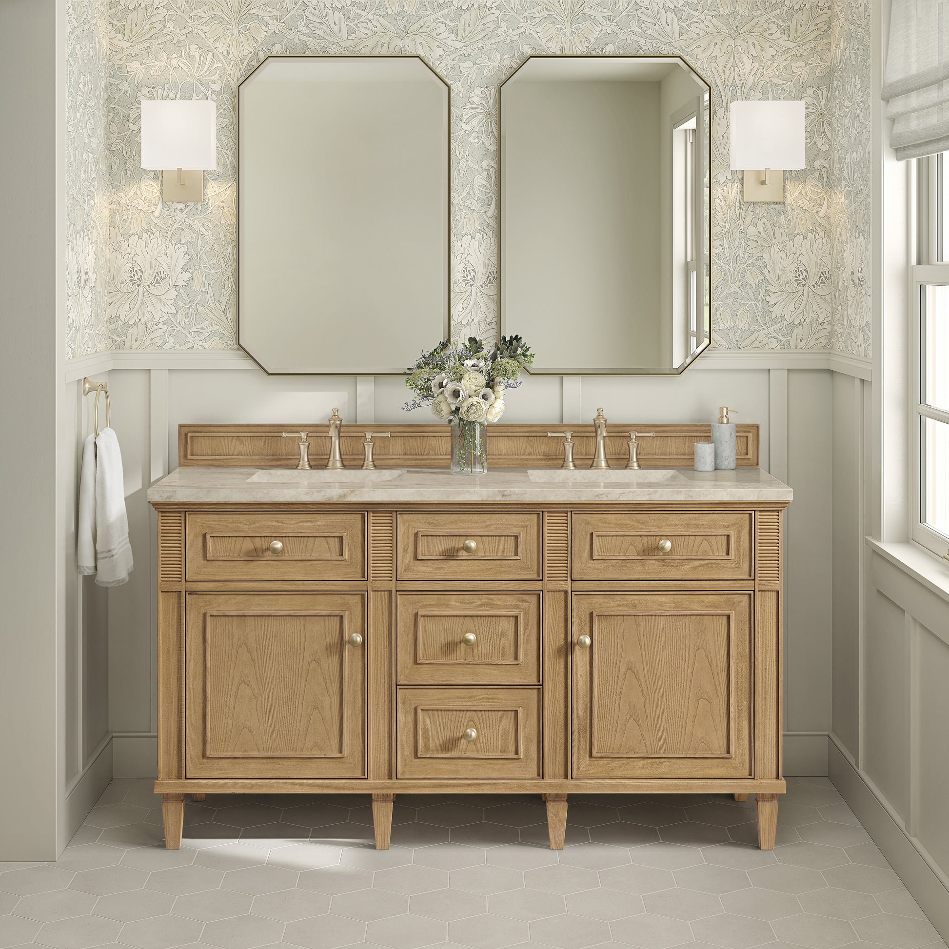 Renovate for Less Atlanta Lorelai 60" Double Vanity, Light Natural Oak, w/ 3 CM Tajnar Eclos Top w/FreePower Wireless Charger