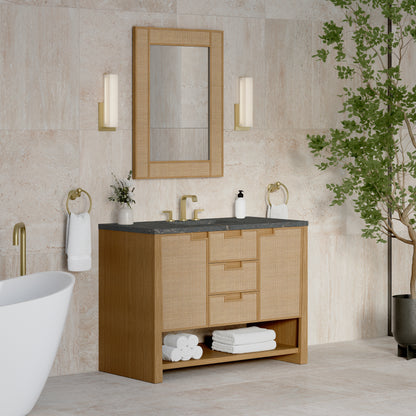 Renovate for Less Atlanta Solene 48" Single Vanity, Seaside Oak, w/ 3 CM Parisien Bleu Silestone Top w/ FreePower Wireless Charger