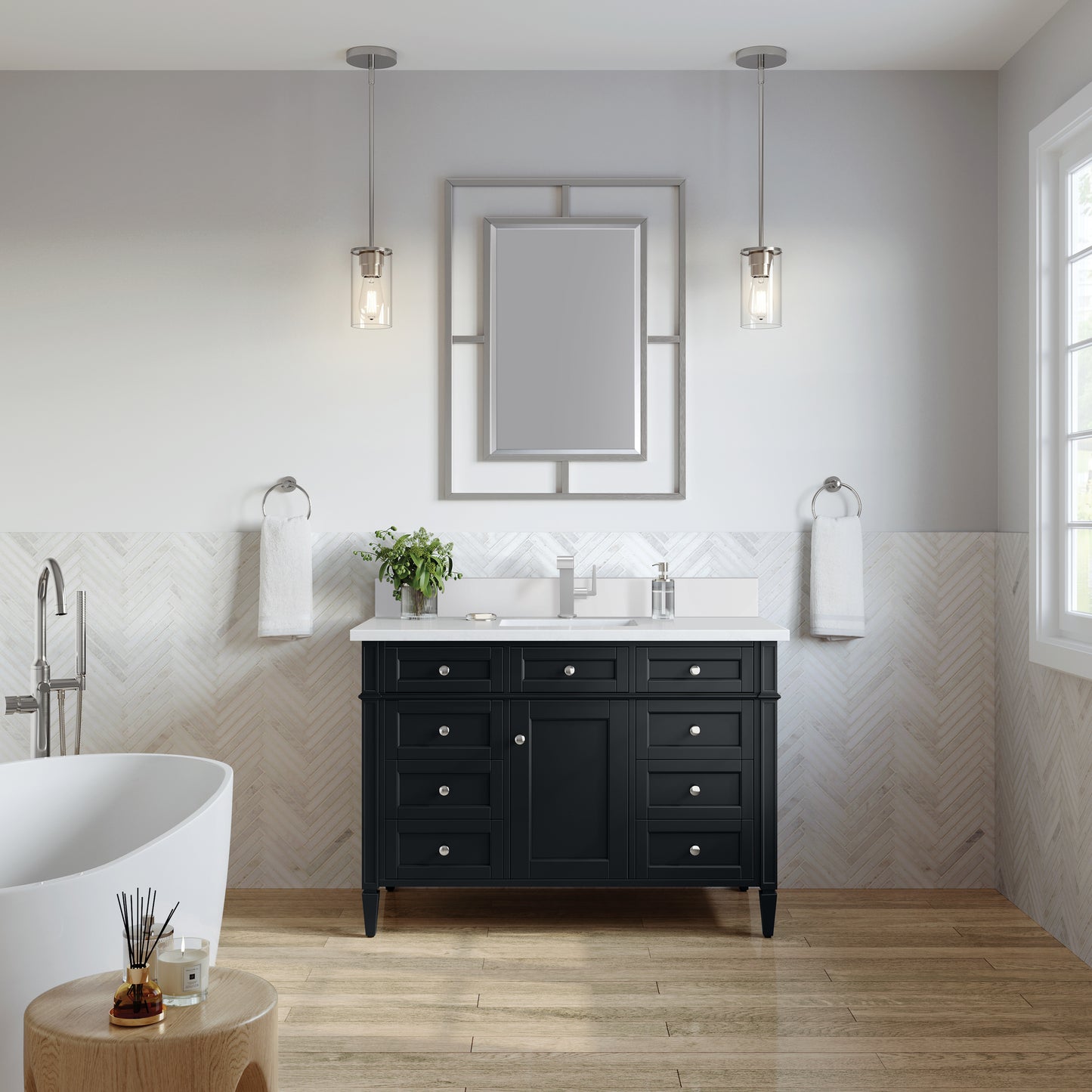 Renovate for Less Atlanta Brittany 48" Single Vanity, Black Onyx w/ Single Hole 3 CM White Zeus Silestone Top & Backsplash