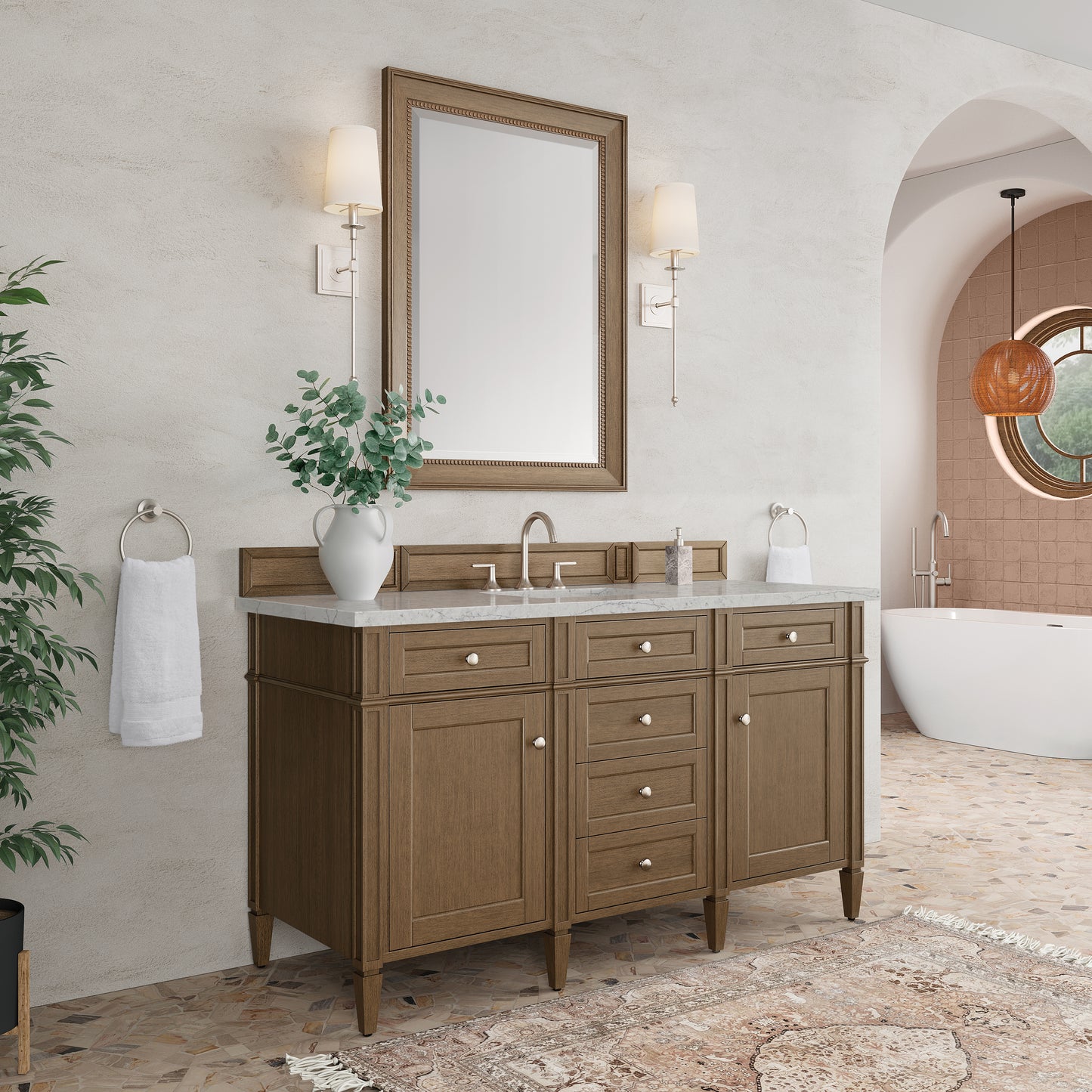 Renovate for Less Atlanta Brittany 60" Single Vanity, Saddle Brown w/ 3 CM Eternal Jasmine Pearl Silestone Top