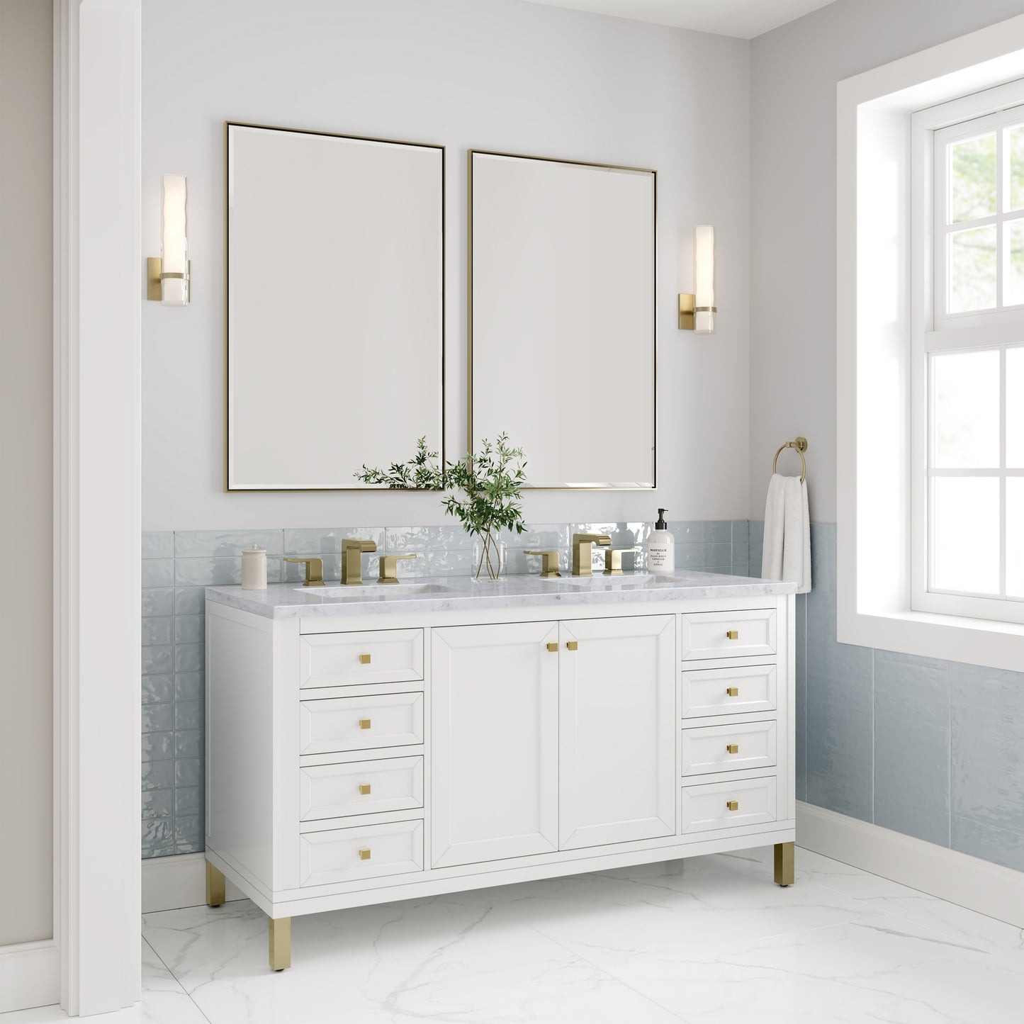 Renovate for Less Atlanta Chicago 60" Double Vanity, Glossy White, w/ 3 CM Carrara Marble Top