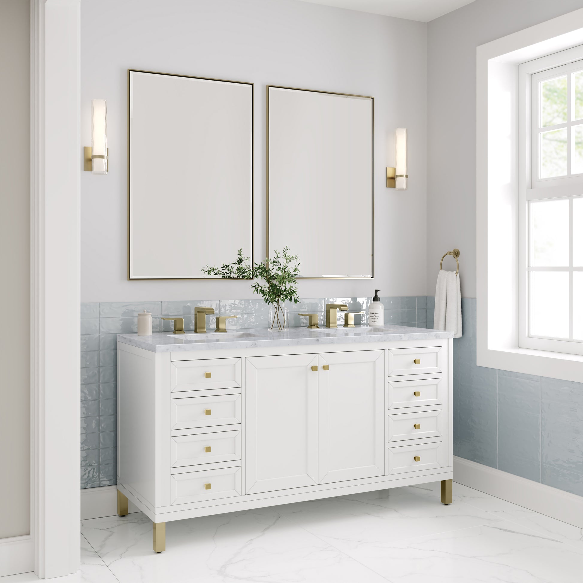 Renovate for Less Atlanta Chicago 60" Double Vanity, Glossy White, w/ 3 CM Carrara Marble Top