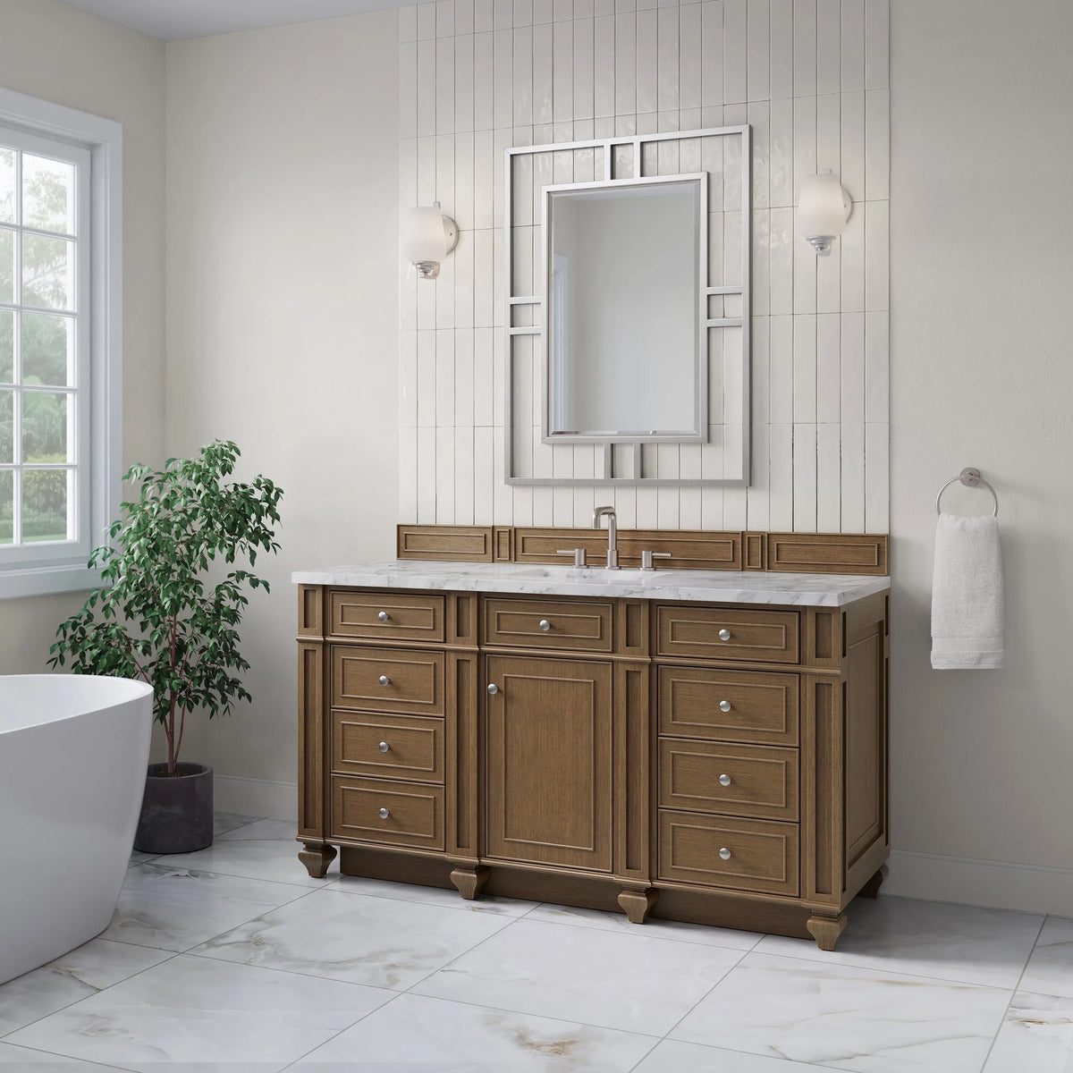 Bristol 60" Single Vanity, Saddle Brown w/ 3 CM Carrara Marble Top