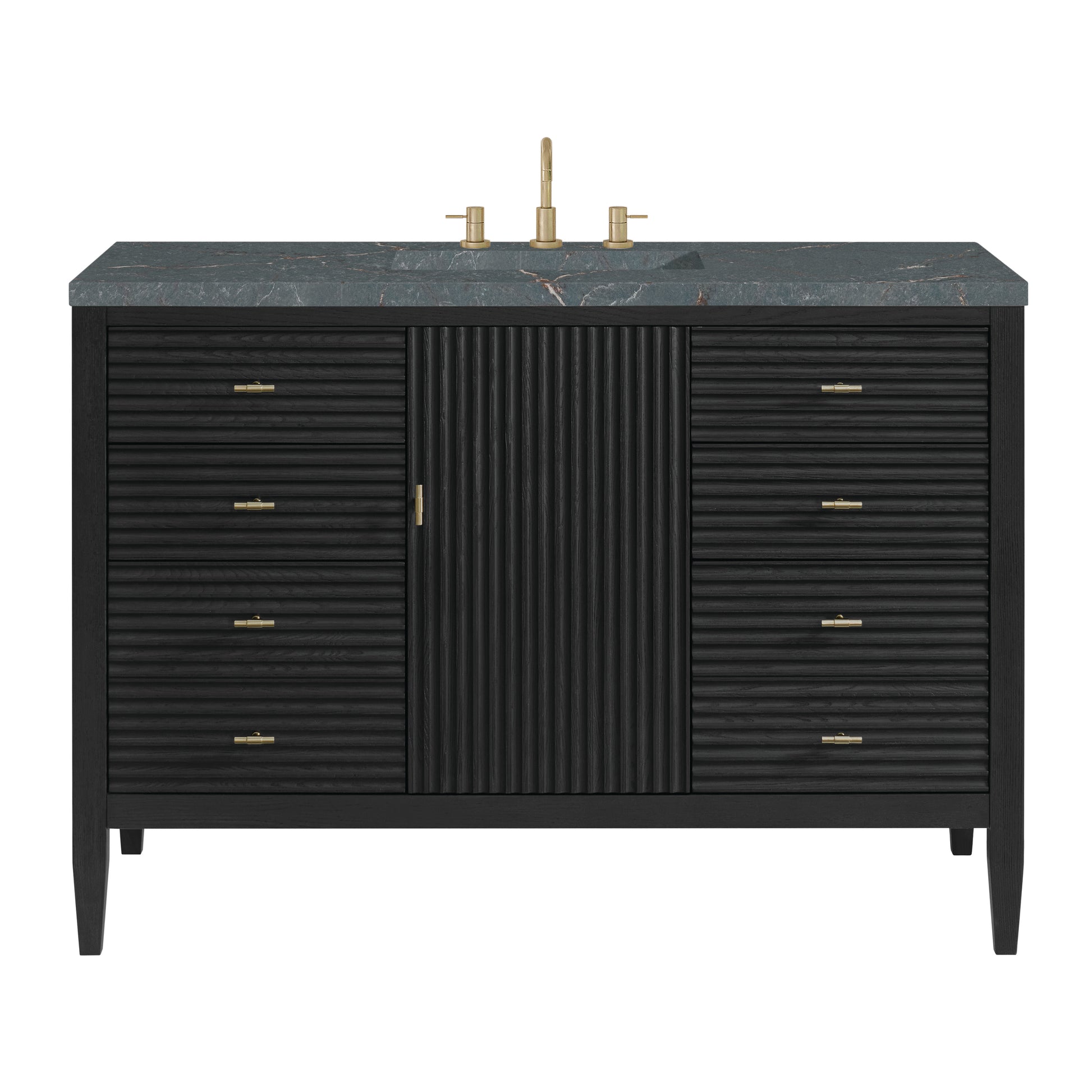 Renovate for Less Atlanta Myrrin 48" Single Vanity, Carbon Oak w/ 3 CM Parisien Bleu Silestone Top w/FreePower Wireless Charger
