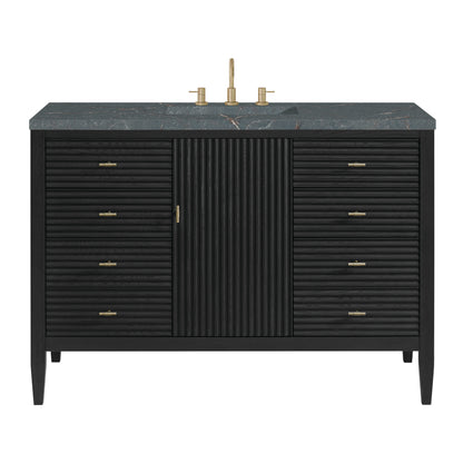 Renovate for Less Atlanta Myrrin 48" Single Vanity, Carbon Oak w/ 3 CM Parisien Bleu Silestone Top w/FreePower Wireless Charger