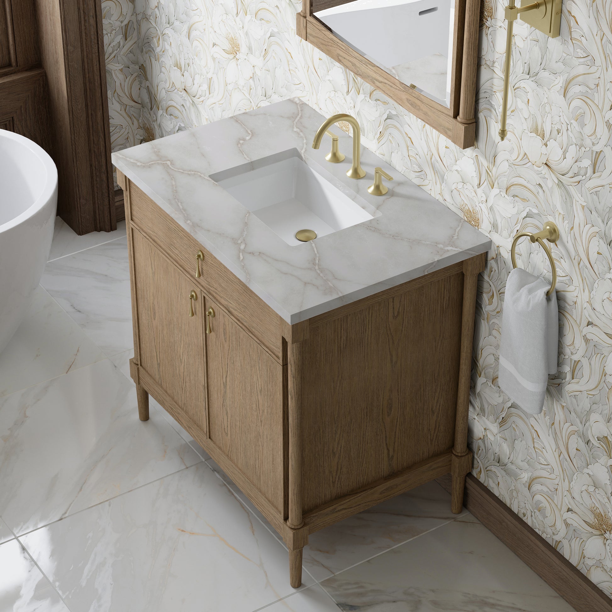 Renovate for Less Atlanta Kinnsden 36" Single Vanity, Weathered Oak w/ 3 CM Victorian Silver Silestone Top