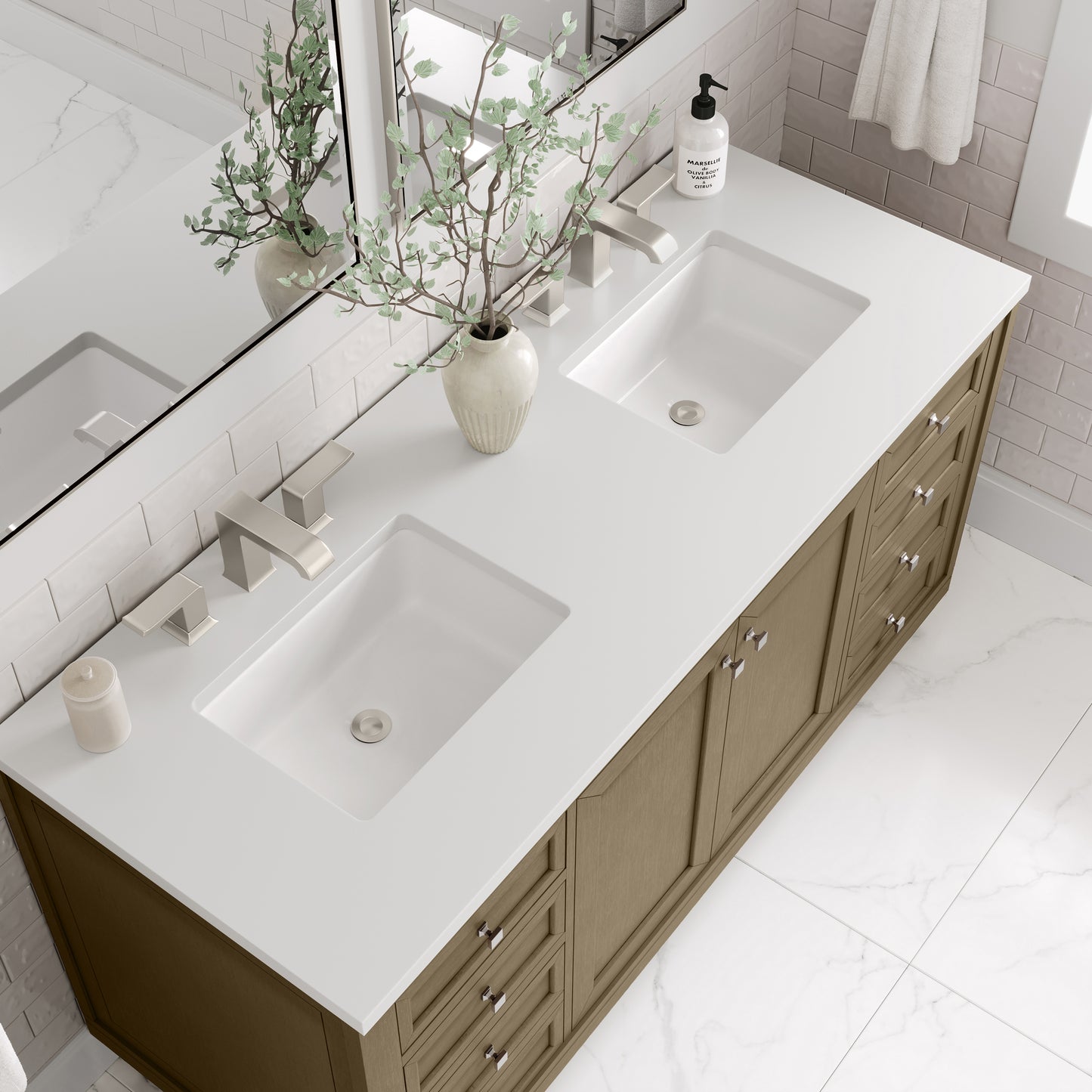 Renovate for Less Atlanta Chicago 60" Double Vanity, Walnut Whisper, w/ 3 CM White Zeus Silestone® Top