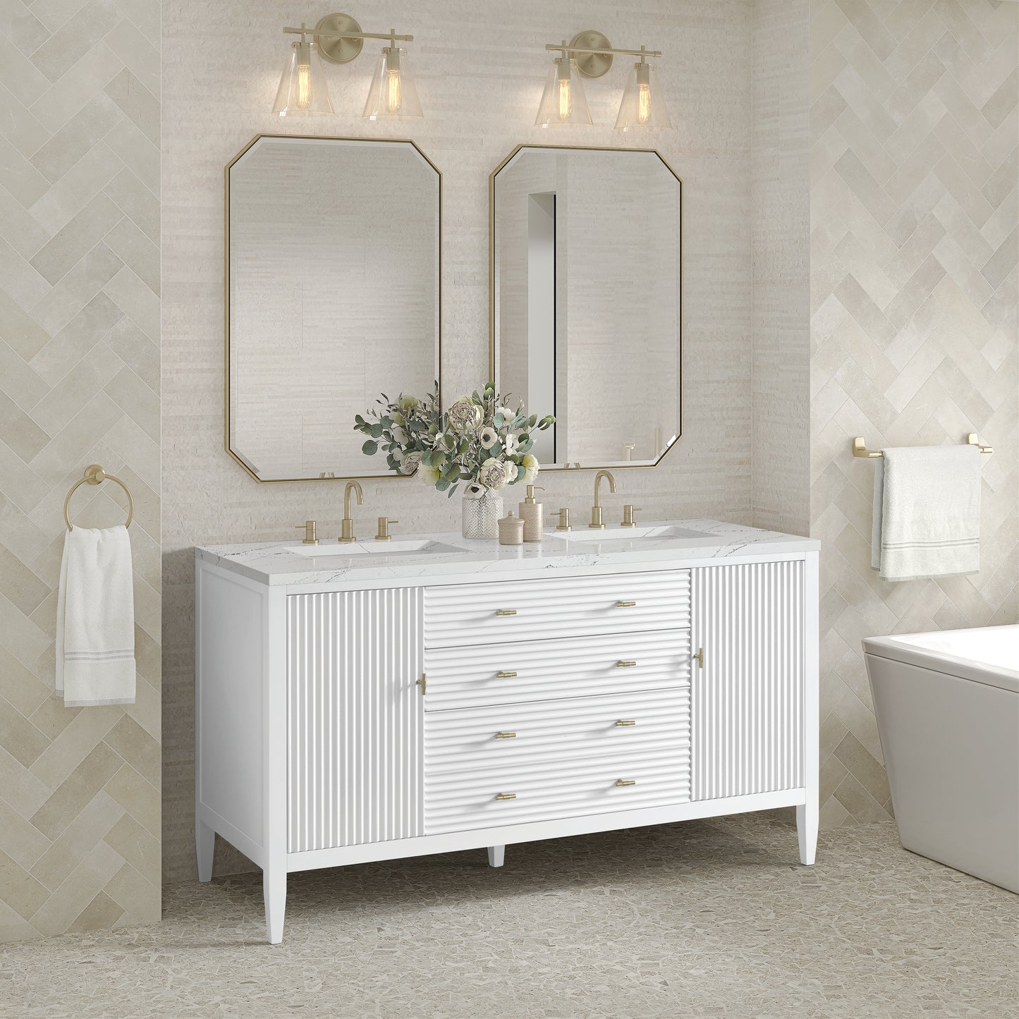 Renovate for Less Atlanta Myrrin 60" Double Vanity, Bright White w/ 3 CM Ethereal Noctis Silestone Top