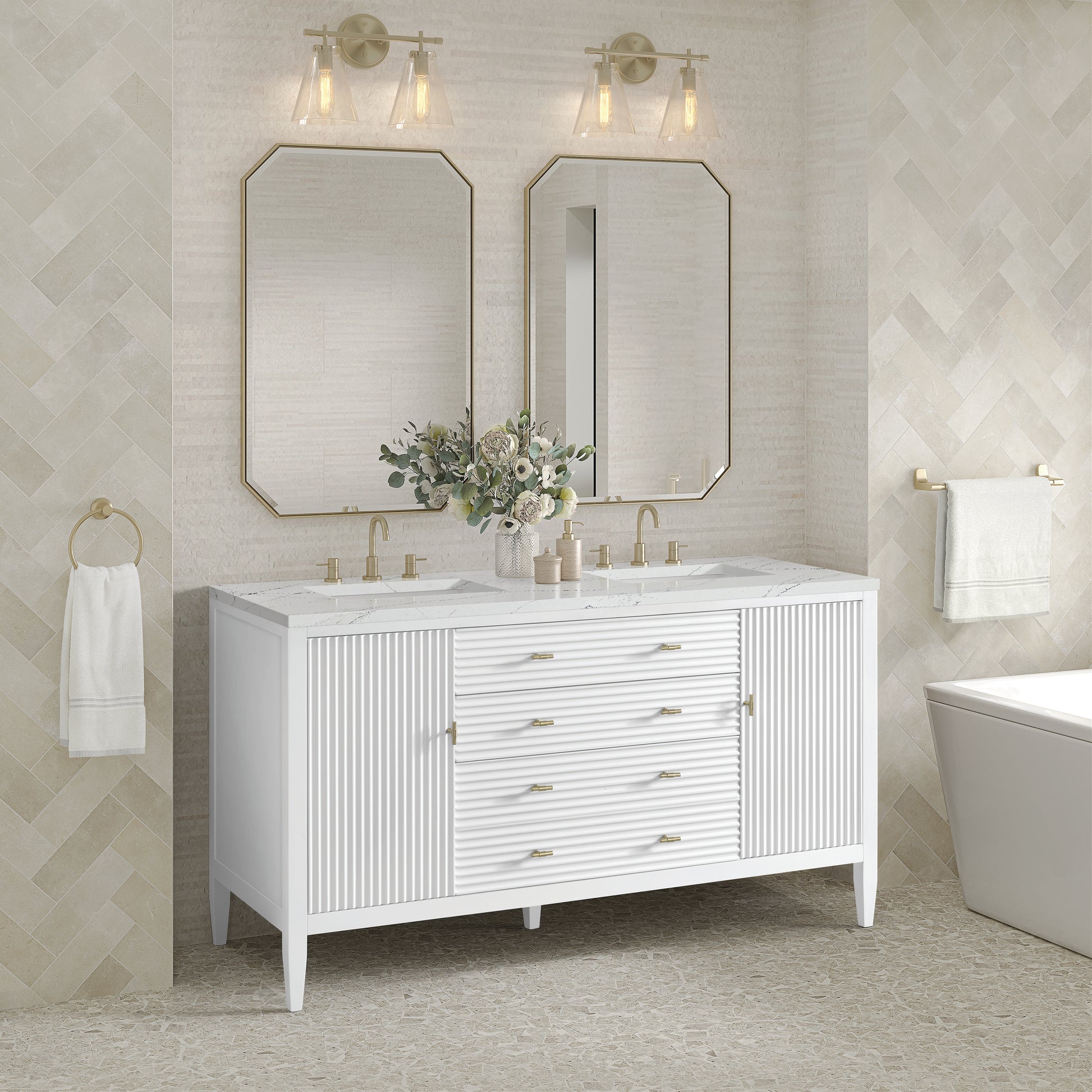 Renovate for Less Atlanta Myrrin 60" Double Vanity, Bright White w/ 3 CM Ethereal Noctis Silestone Top