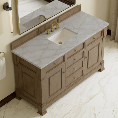 Renovate for Less Atlanta Brookfield 60" Single Vanity, Pecan w/ 3 CM Victorian Silver Silestone Top w/ FreePower Wireless Charger