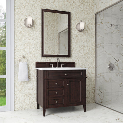 Renovate for Less Atlanta Brittany 36" Single Vanity, Burnished Mahogany w/ 3 CM White Zeus Silestone Top