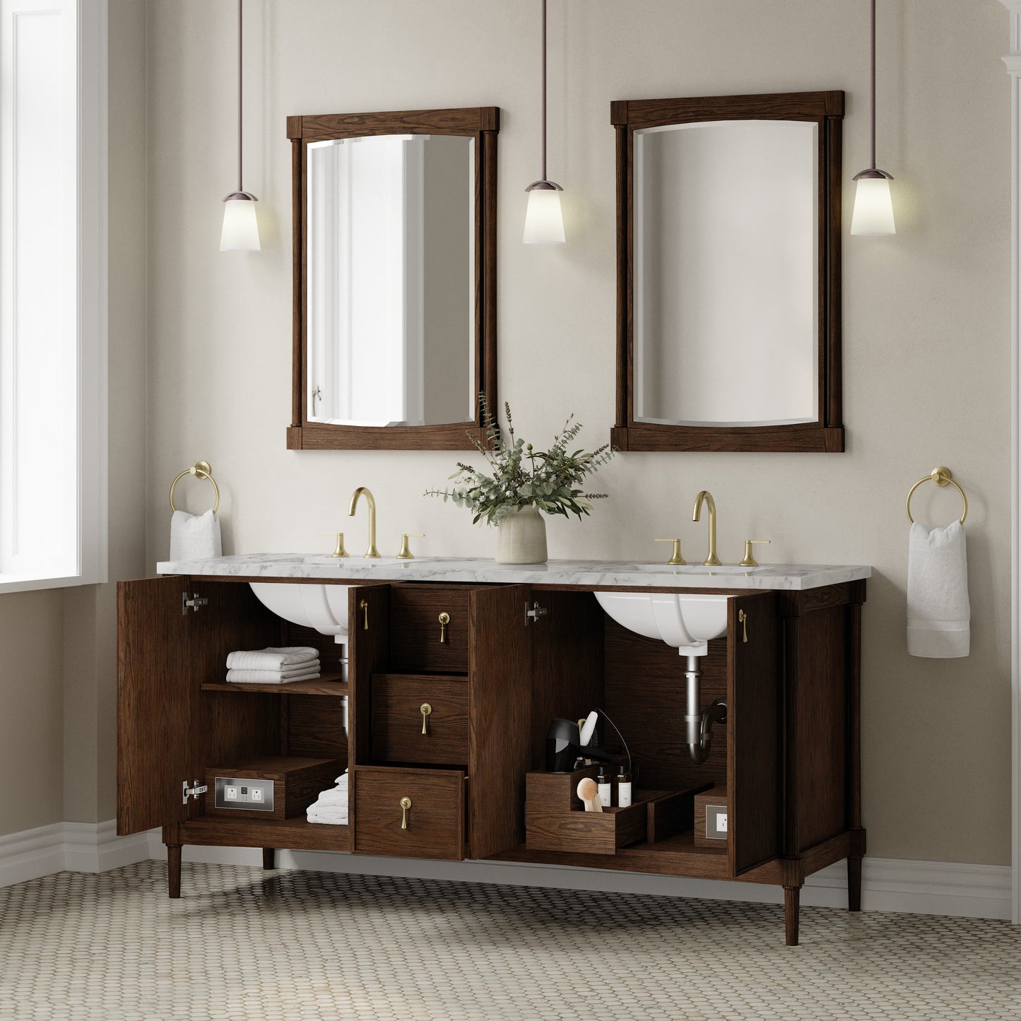 Renovate for Less Atlanta Kinnsden 72" Double Vanity, Sable Oak w/ 3 CM Carrara Marble Top