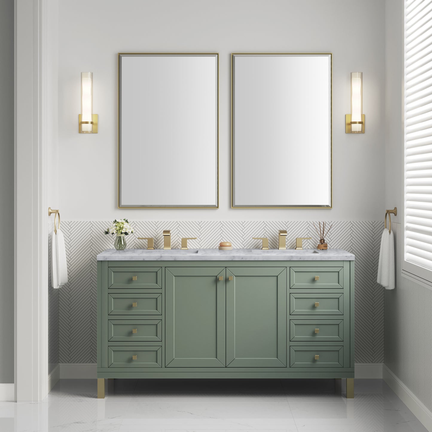 Renovate for Less Atlanta Chicago 60" Double Vanity, Smokey Celadon, w/ 3 CM Carrara Marble Top