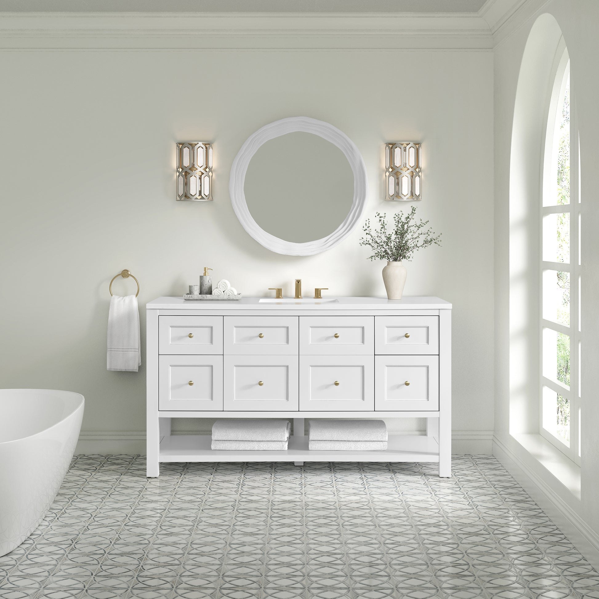 Renovate for Less Atlanta Breckenridge 60" Single Vanity, Bright White, w/ 3 CM White Zeus Quartz Top