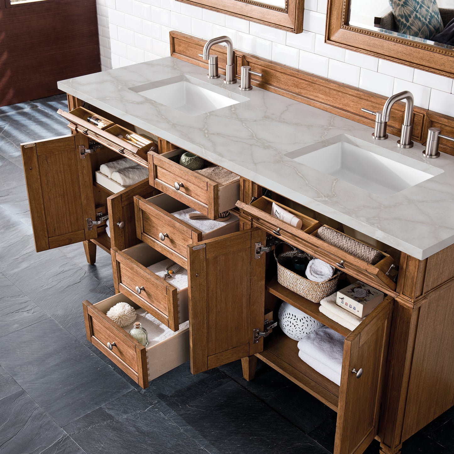 Renovate for Less Atlanta Brittany 72" Double Vanity, Saddle Brown w/ 3 CM Victorian Silver Silestone Top w/FreePower Wireless Charger