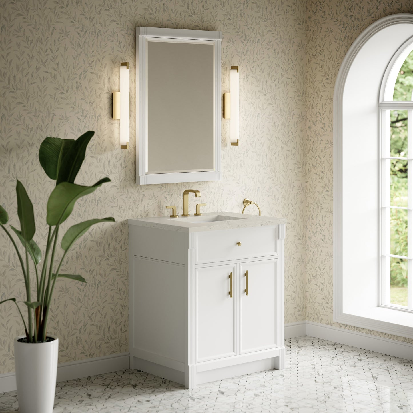 Renovate for Less Atlanta Bellshire 30" Single Vanity, Bright White w/ 3 CM Siberian Silestone Top