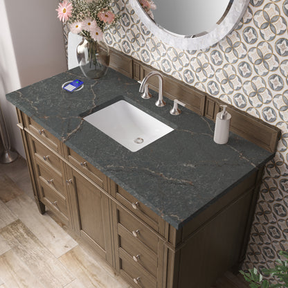 Renovate for Less Atlanta Brittany 48" Single Vanity, Saddle Brown w/ 3 CM Parisien Bleu Silestone Top w/FreePower Wireless Charger
