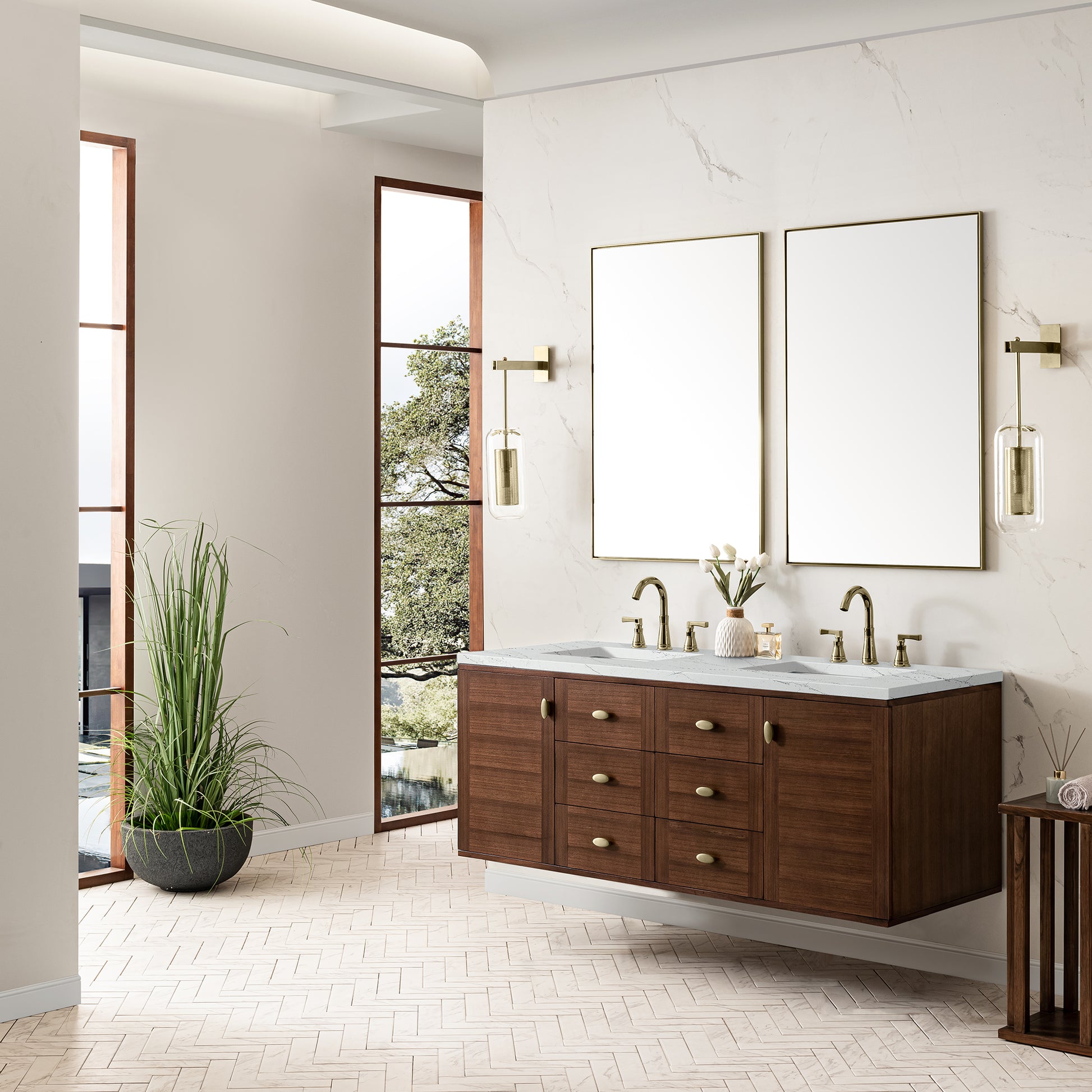 Renovate for Less Atlanta Amberly 60" Double Vanity, Mid-Century Walnut w/ 3 CM Ethereal Noctis Top