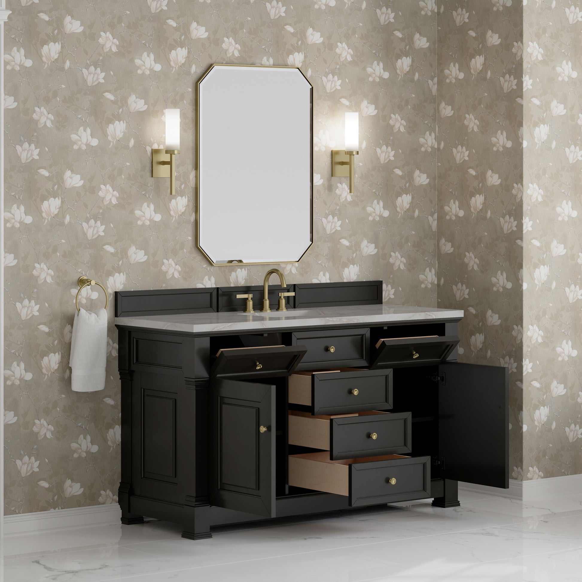 Renovate for Less Atlanta Brookfield 60" Single Vanity, Black Onyx w/ 3 CM Victorian Silver Silestone Top w/ FreePower Wireless Charger