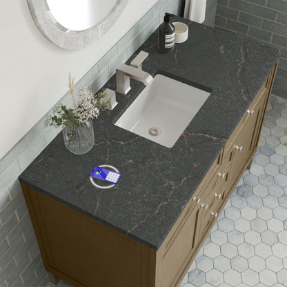 Renovate for Less Atlanta Chicago 48" Single Vanity, Walnut Whisper, w/ 3 CM Parisien Bleu Silestone® Top w/FreePower Wireless Charger