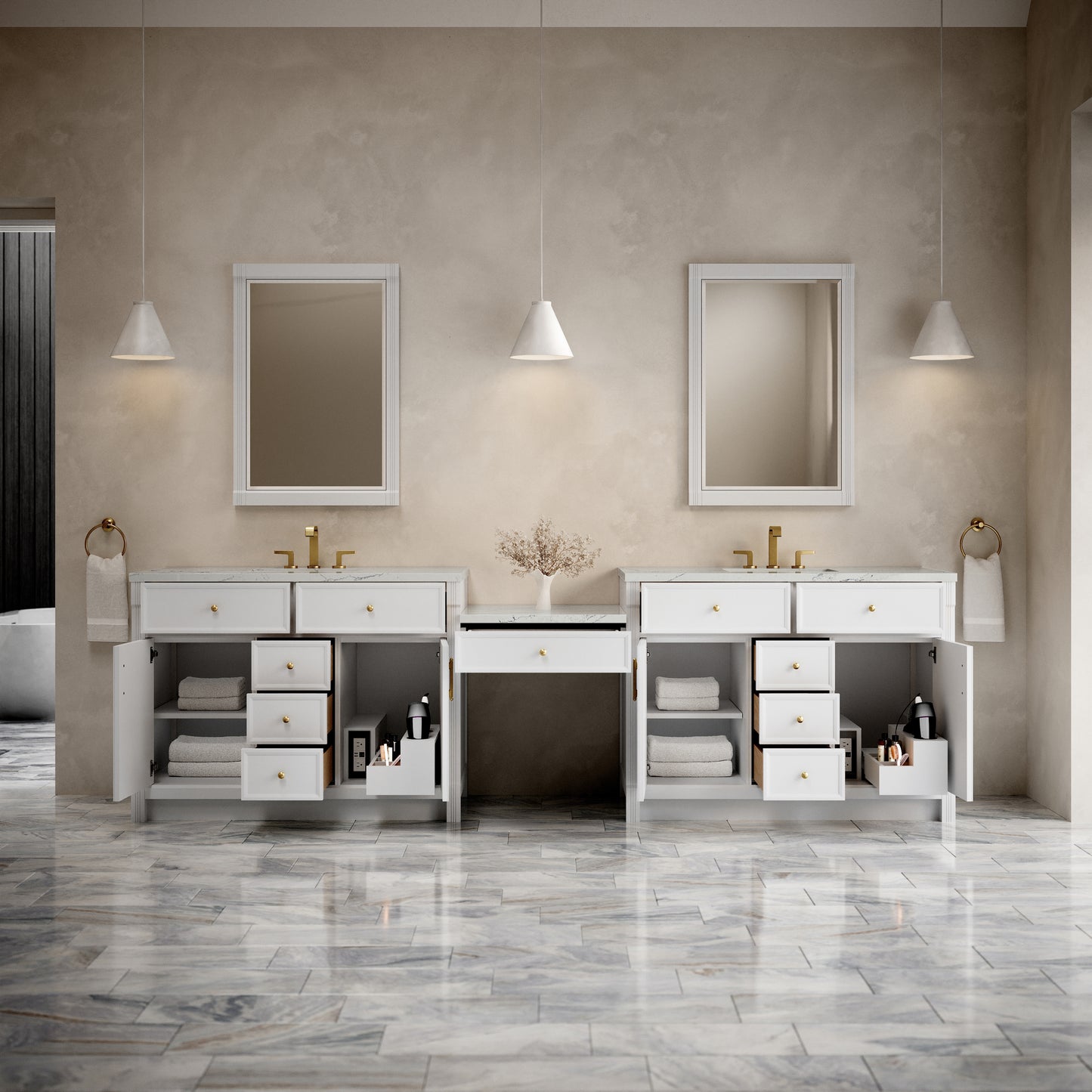 Renovate for Less Atlanta Bellshire 120" Dual Vanity Set with 24" Make-Up Counter, Bright White w/3 cm Ethereal Noctis Silestone Top w/FreePower Wireless Charger