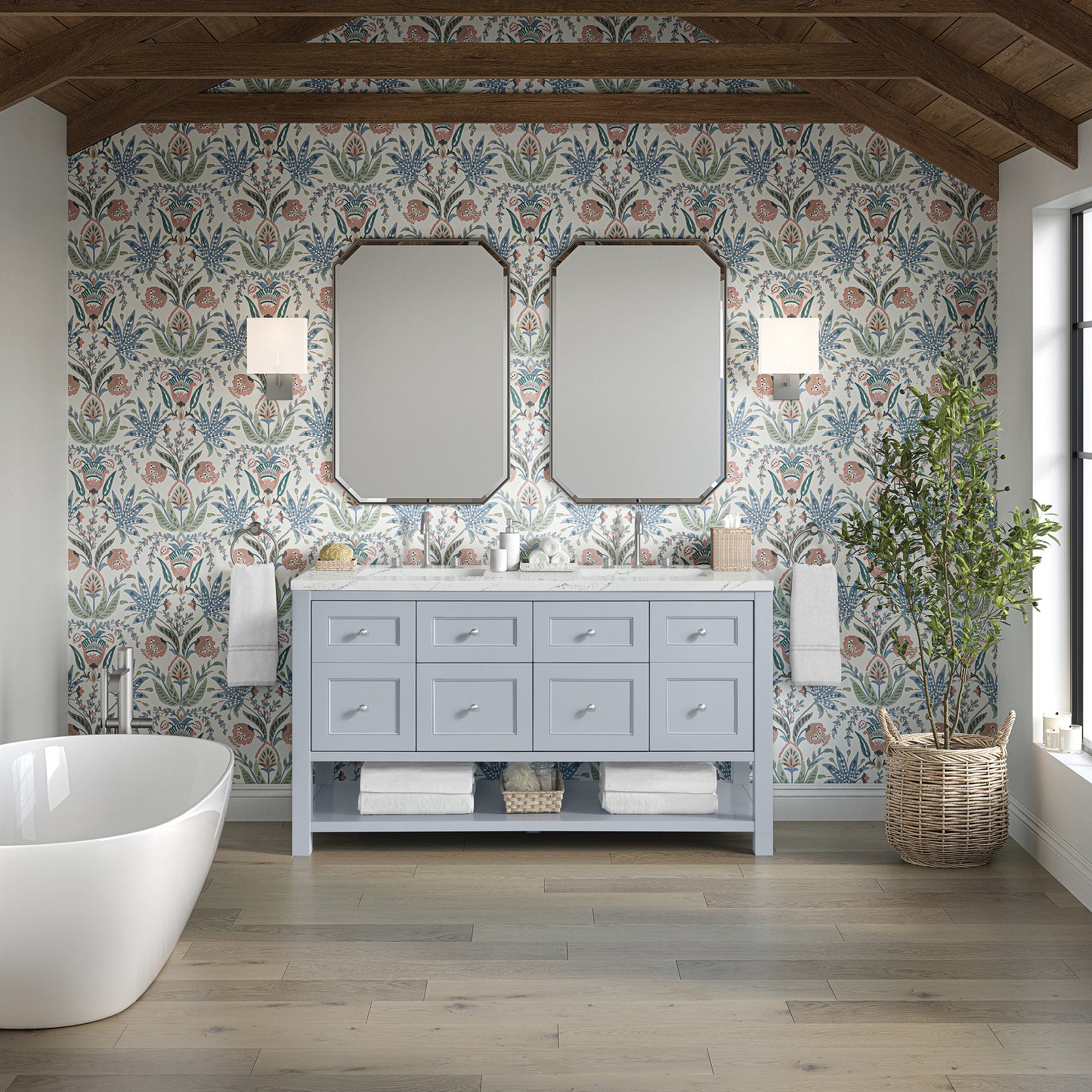 Renovate for Less Atlanta Breckenridge 60" Double Vanity, Serenity Blue, w/ 3 CM Ethereal Noctis Quartz Top