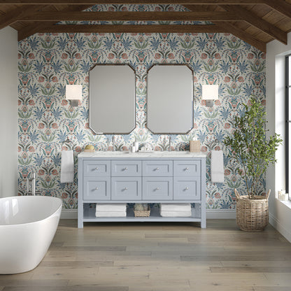Renovate for Less Atlanta Breckenridge 60" Double Vanity, Serenity Blue, w/ 3 CM Ethereal Noctis Quartz Top