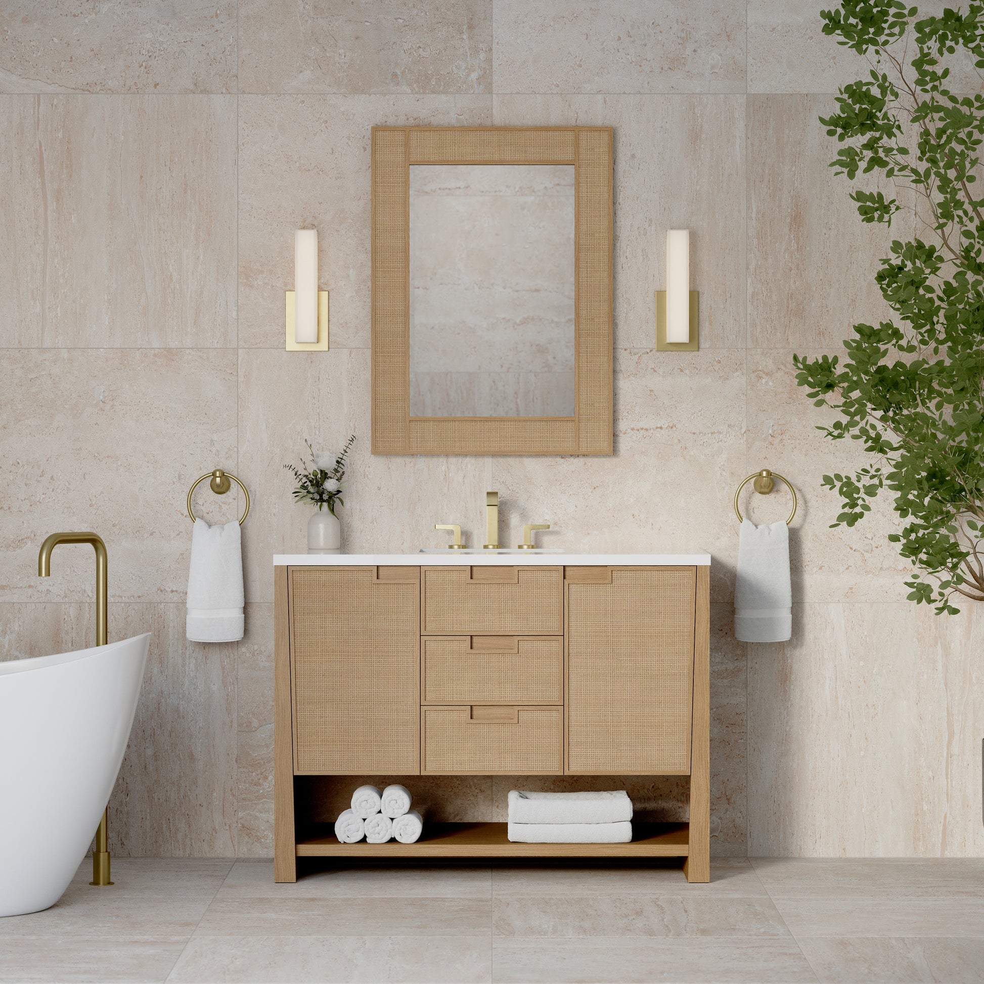 Renovate for Less Atlanta Solene 48" Single Vanity, Seaside Oak, w/ 3 CM White Zeus Quartz Top