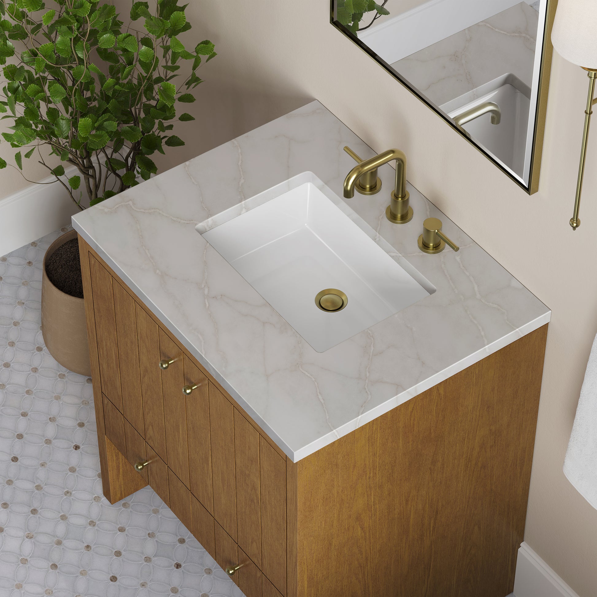 Renovate for Less Atlanta Hudson 30" Single Vanity, Honey Oak w/ 3 CM Victorian Silver Silestone Top